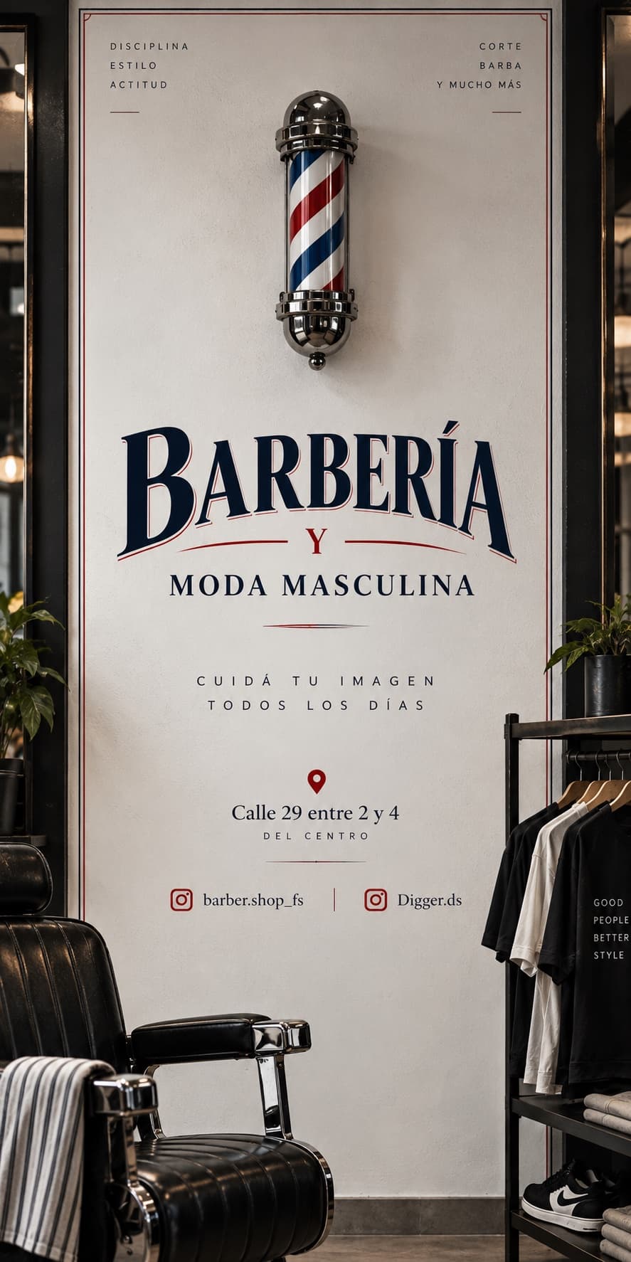 Cartel de la barbería con el poste de barbero y la silla clásica